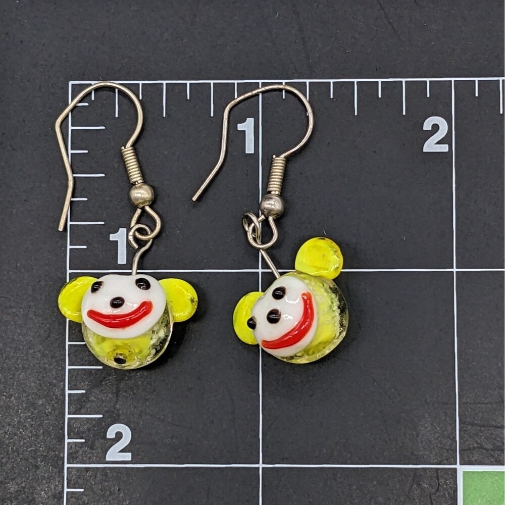 Funky Art Glass Beads Monkey Face Dangly Earrings - Yellow - Picture 4 of 4